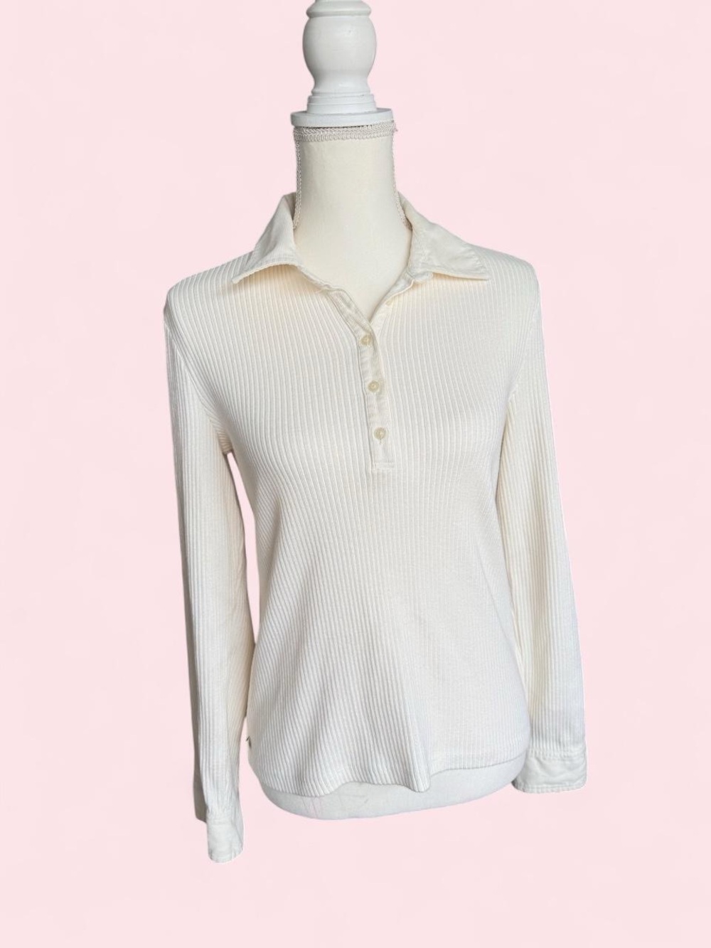 Women’s Long-Sleeve Ribbed Polo Top — Cream